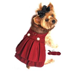 Wool Fur-Trimmed Dog Harness Coat by Doggie Design (Color: Burgundy, size: X-Large)