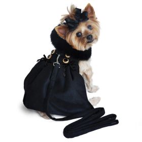 Black Wool  Dog Coat Harness  Fur Collar with Matching Leash (size: large)